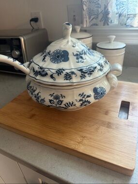 Blue and White Floral Ceramic Soup Tureen with Lid and Ladle